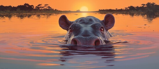 A hippopotamus is peacefully swimming in the lake during sunset, blending beautifully with the natural landscape of the ecoregion