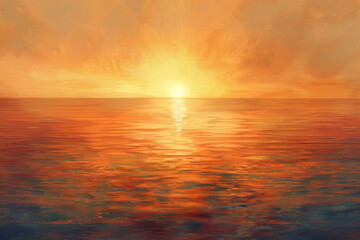 Obraz premium A painting of a sunset over the ocean with a sun in the sky