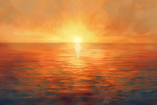 A painting of a sunset over the ocean with a sun in the sky