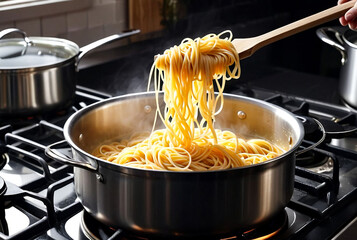 Cooking pasta in pot of boiling water on stove in kitchen. Italian Pasta. Macaroni of various varieties in very hot voda. Water boils and spaghetti noodles for cooking Italian pasta - obrazy, fototapety, plakaty