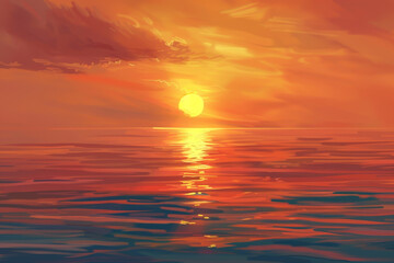 A painting of a sunset with a large sun in the sky