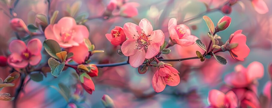 A Vibrant Close-Up View of a Flowering Quince Branch Bursting into Bloom, Signaling the Joyous Arrival of Spring