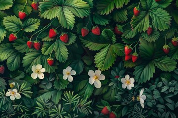 A Lush Cluster of Wild Strawberries in Full Bloom, Nestled Amongst the Verdant Foliage of a Spring Meadow