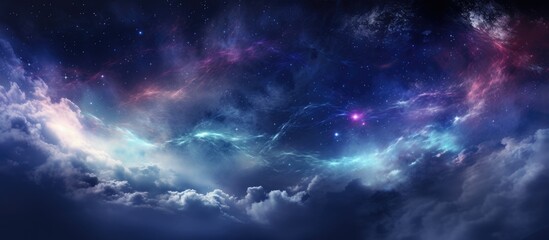 The sky resembles a galaxy with fluffy cumulus clouds and twinkling stars. Shades of purple and...