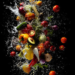 Water splashing on vegetables and fruits