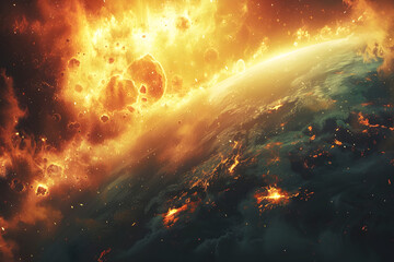 A depiction of cosmic armageddon and the judgment day of planet earth, showing a scene of destruction and devastation.