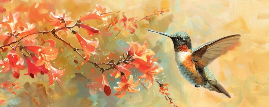 A Delicate Dance in Spring: A Hummingbird Flutters Gracefully Near a Vibrant Spray of Coral Bells in Full Bloom
