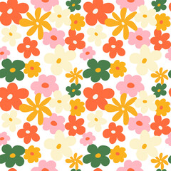 A set of floral patterns and cover designs in the style of the 70s with groovy daisy flowers. Retro floral vector design. Style of the 60s, 70s, 80s