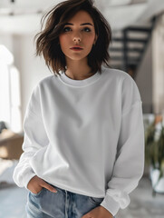 Woman standing in a white sweatshirt, mockup.