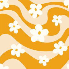 A set of floral patterns and cover designs in the style of the 70s with groovy daisy flowers. Retro floral vector design. Style of the 60s, 70s, 80s