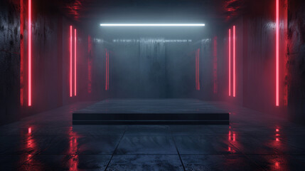 Modern dark stage with podium, neon room with red led light, studio or showroom background. Concept of hall, party, garage, interior,
