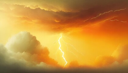 storm warning weather background banner amazing lightning storm in orange light and dark clouds on sky