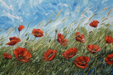 A Serene Field of Wild Poppies Dancing Gracefully in the Embrace of a Gentle Spring Breeze