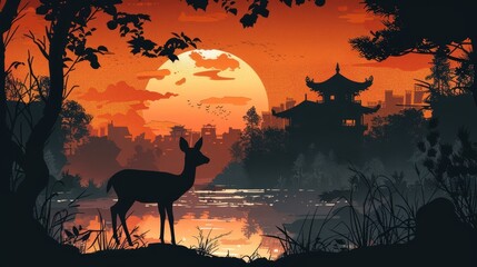 A serene deer stands in the foreground of an oriental landscape with traditional architecture under a large, glowing sunset.