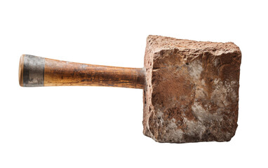 A large rock with a wooden handle rests on a white background