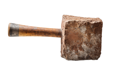 A large rock with a wooden handle rests on a white background
