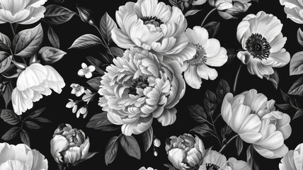 a floral vintage seamless pattern, featuring blooming peonies, roses, tulips, garden flowers, decorative herbs, and leaves against a classic black and white background. SEAMLESS PATTERN - obrazy, fototapety, plakaty