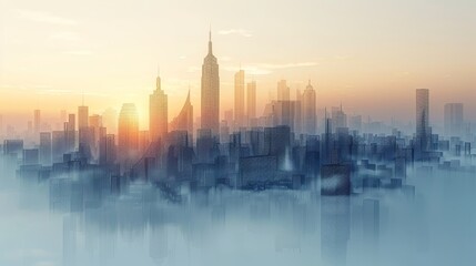 Artistic cityscape with a pixelated fog effect creating a serene and mystical atmosphere during a warm sunset.