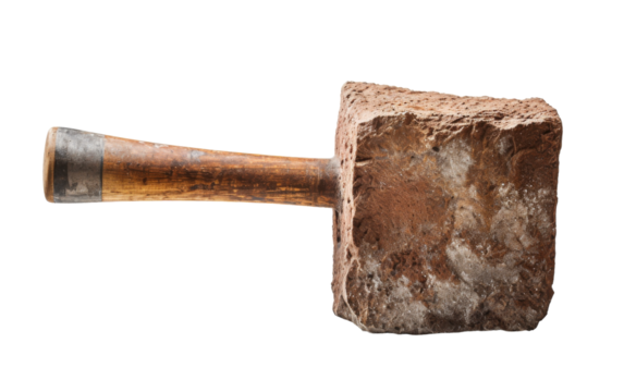 A large rock with a wooden handle rests on a white background