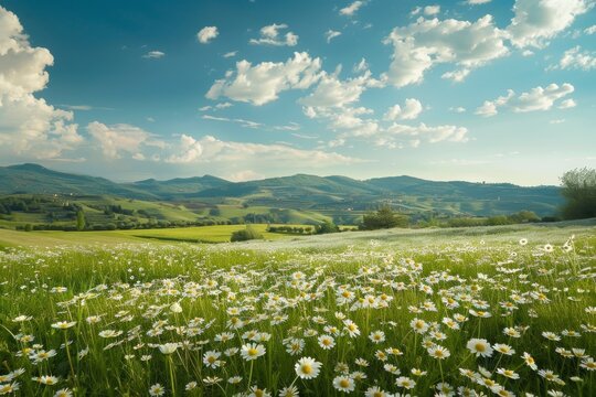 A Serene Meadow Blanketed with Blooming Daisies Under the Vast, Unblemished Azure of a Spring Sky