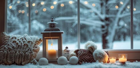 A lantern on a blurred background with white Christmas balls stands on the windowsill