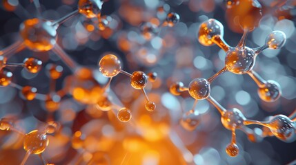 A 3D visualization of a molecular structure in warm tones, featuring atoms connected by bonds, with a soft bokeh effect in the background. - obrazy, fototapety, plakaty