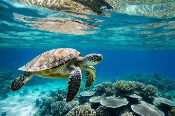 Turquoise Tranquility: Turtle Swimming Near a Coral Wonderland