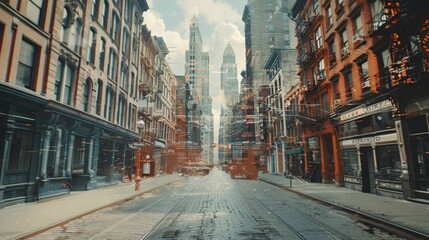 A creative blend of an old-fashioned city street with a superimposed digital matrix, suggesting a nostalgic journey through a cybernetic urban landscape. - obrazy, fototapety, plakaty