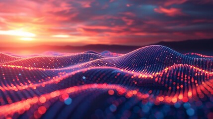 A surreal landscape emerges as the sun sets, with luminous particles dancing across digital waves, creating a harmonious fusion of nature and technology.