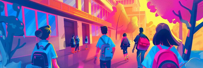 Colorful Urban Commuters at Vibrant Sunset Illustration