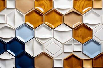 high-tech background with geometric glazed wooden figures of various shapes with blue, white, gold...