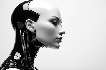 a young robinette robot woman's face is shown in black and white - obrazy, fototapety, plakaty