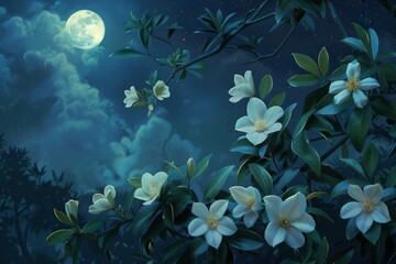 Fototapeta na wymiar Under the Enchanting Glow of the Moonlight, Freshly Opened Jasmine Flowers Unveil Their Pristine Beauty in the Heart of Spring