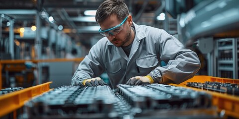An engineer is working with EV car battery cells module in laboratory