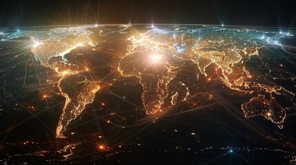 A striking visualization of Earth at night showcasing global connectivity with bright lights and network lines crisscrossing continents.