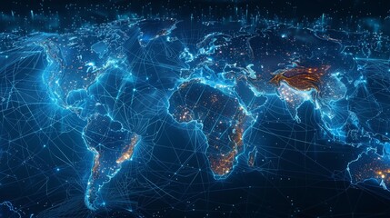 Nighttime view of a digital global map with a glowing network grid depicting internet connections and city lights worldwide. - obrazy, fototapety, plakaty