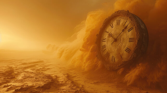 Vintage clock in desert during sand storm, surreal scene with old dial on yellow background. Concept of time, art, history, nature, waste
