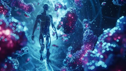 A glowing digital human avatar stands amidst a dynamic virtual environment of spiraling DNA strands and floating molecular structures.