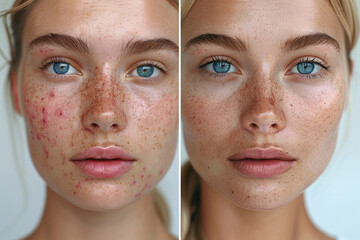 Before and after acne treatment collage portrait of the face of young beautiful woman. Problem skin rejuvenate and beauty skin care concept. - obrazy, fototapety, plakaty
