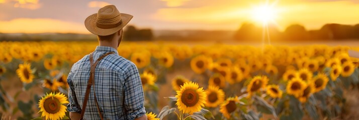 Farmer standing in a sunflower field at sunset. Agriculture industry concept. Farming lifestyle, farmland. Design for banner, header with copy space