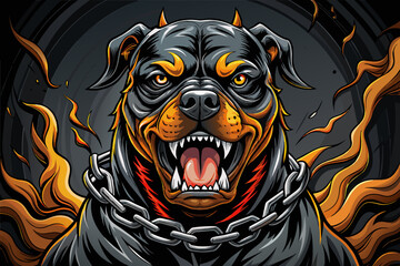 A captivating fashion illustration featuring a striking, hyper-realistic vector of an angry Rottweiler in a demonic attack position