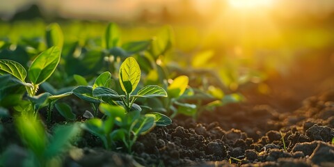 Young soybean sprouts in an open field reaching towards the sun at sunrise. Concept Agriculture, Soybeans, Farming, Sunrise, Nature