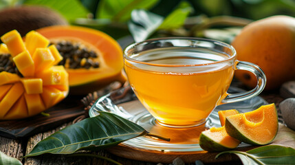 Mango iced tea with mint. Refreshing organic soft drink. Summer refreshing drink with mango, lemon and ice.