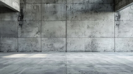 Grungy concrete wall background, abstract modern space with white tiles, empty room interior in sunlight. Theme of grunge, construction, building