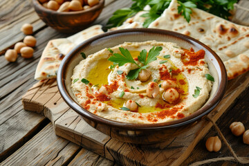 A bowl of hummus with parsley and chickpeas