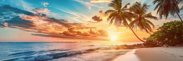 Tropical Beach Sunset with Palm Trees and Tranquil Ocean