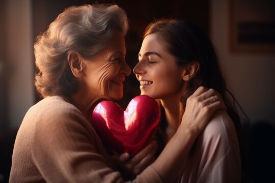 mother hugging woman with a big heart and card