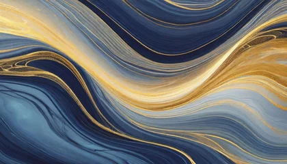 Tapeten cobalt blue liquid abstract marbled background with golden wavy lines abstract horizontal image for business banner formal backdrop prestigious voucher luxe invite © Joseph