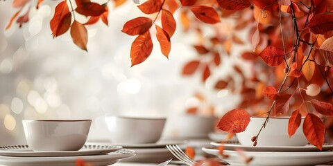 Creating a Cozy and Festive Thanksgiving Table Setting with Fall Leaves as Backdrop. Concept Thanksgiving Table Setting, Cozy Decor, Fall Leaves Backdrop, Festive Ambiance, Autumnal Décor - Powered by Adobe