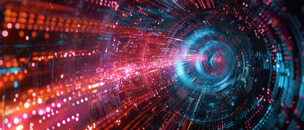 Wall mural abstract digital tunnel, data pattern and information lights, technology background. theme of tech, 